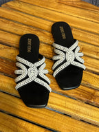 Pearl Embellished Black Flat Slippers Black