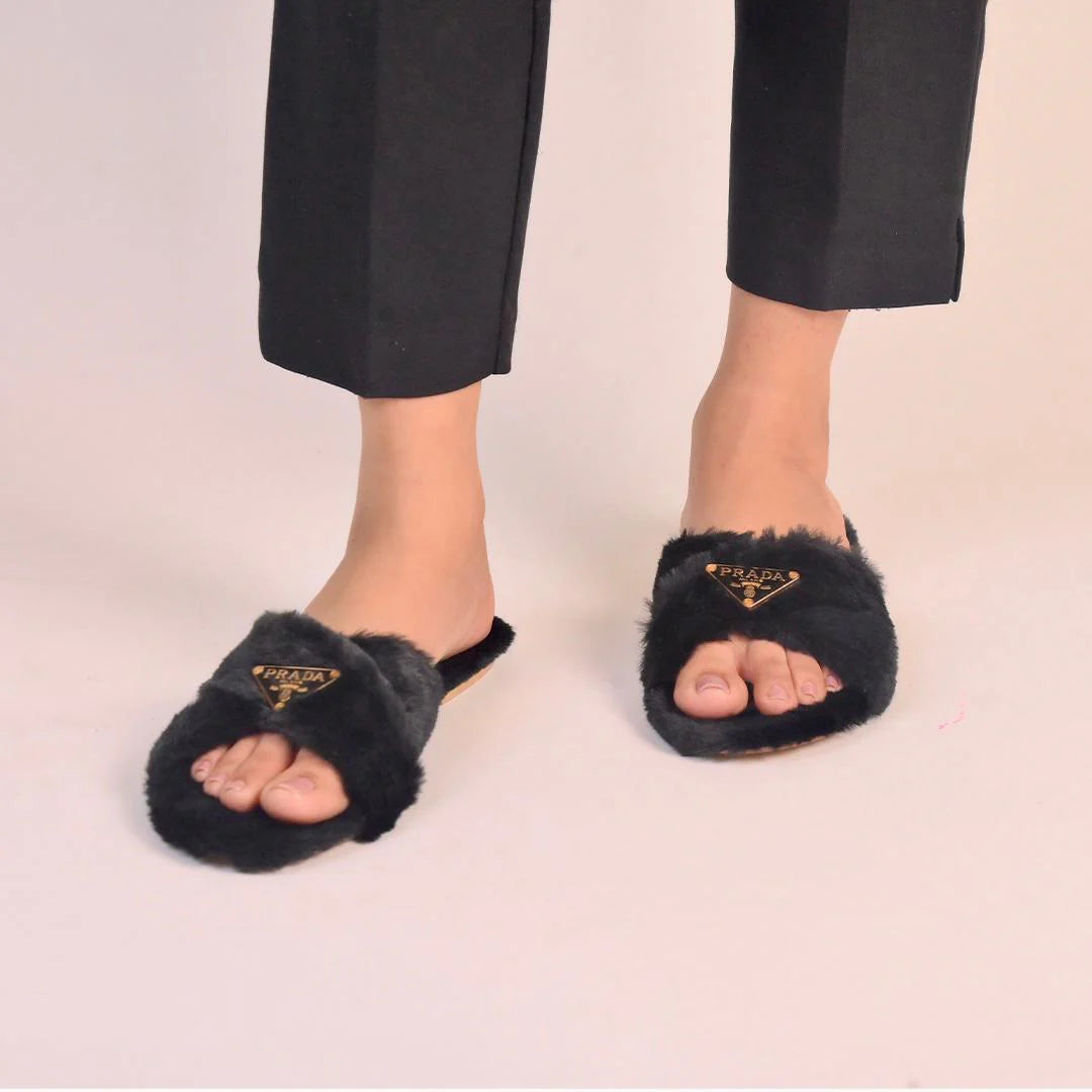 Luxury Faux Fur Cross Strap Slippers – Black