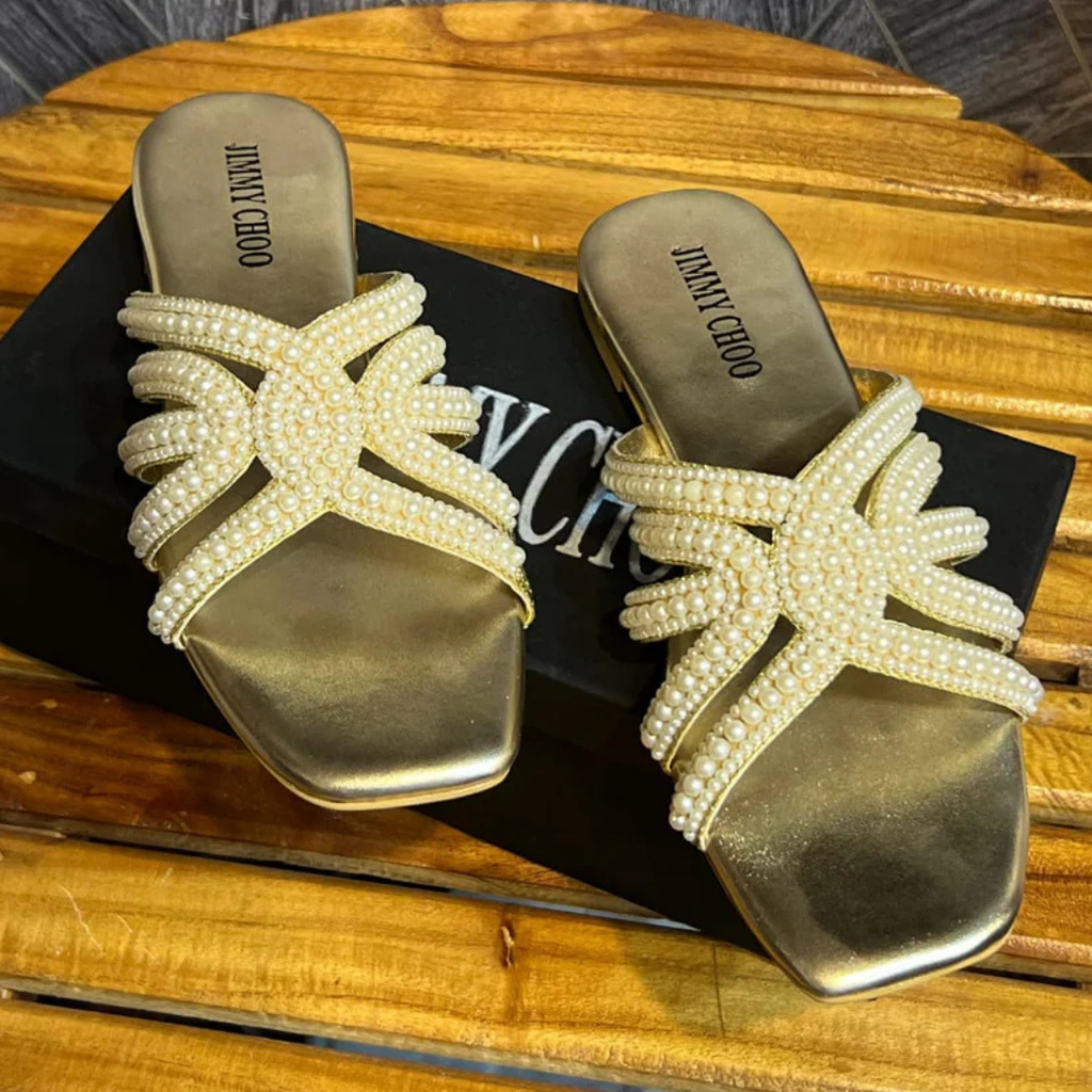 Pearl Embellished Black Flat Slippers Fown
