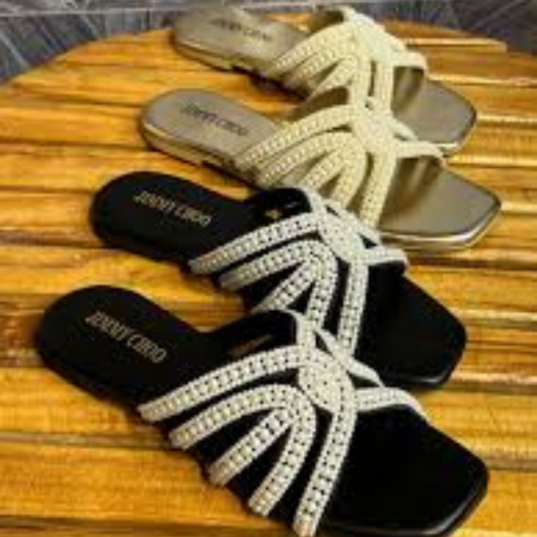 Pearl Embellished Black Flat Slippers Fown