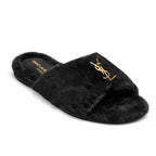 Luxury Faux Fur Logo Slide Slippers – Black