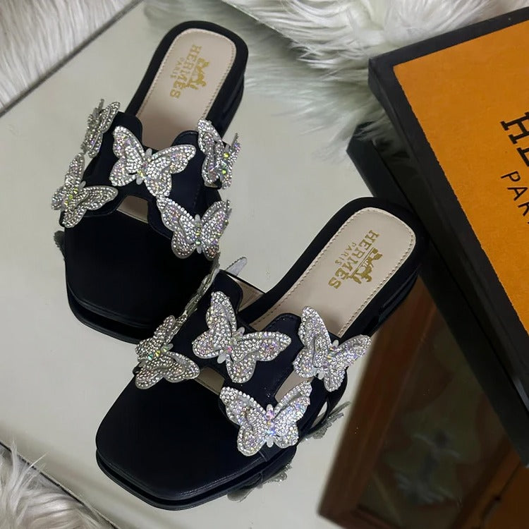 Crystal Butterfly Slides (Full Black)