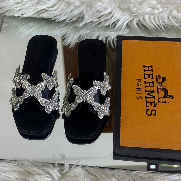 Crystal Butterfly Slides (Full Black)