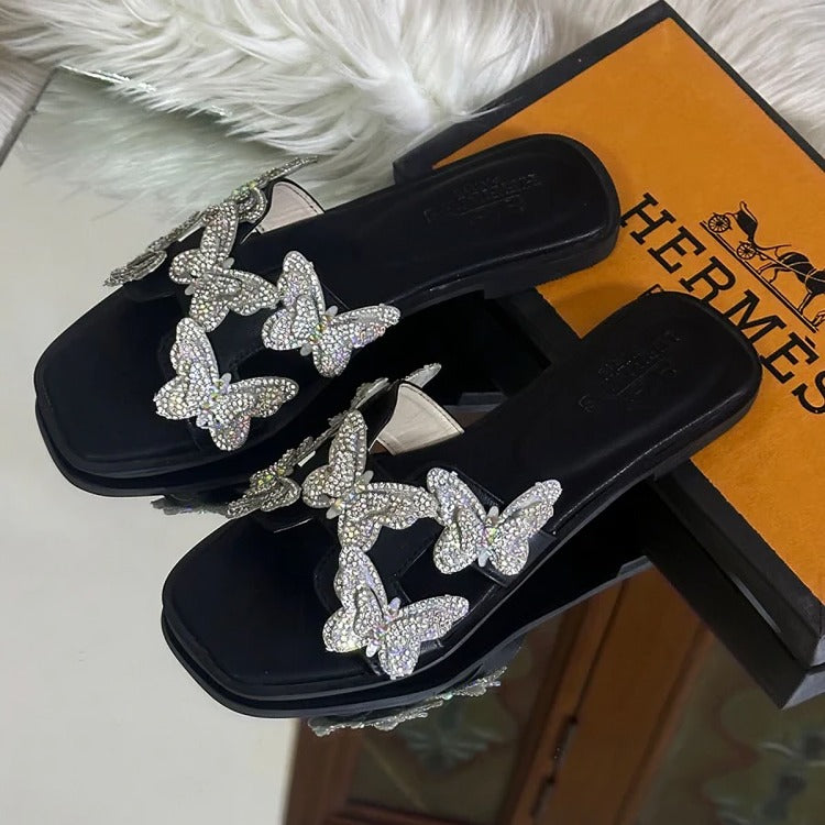 Crystal Butterfly Slides (Full Black)