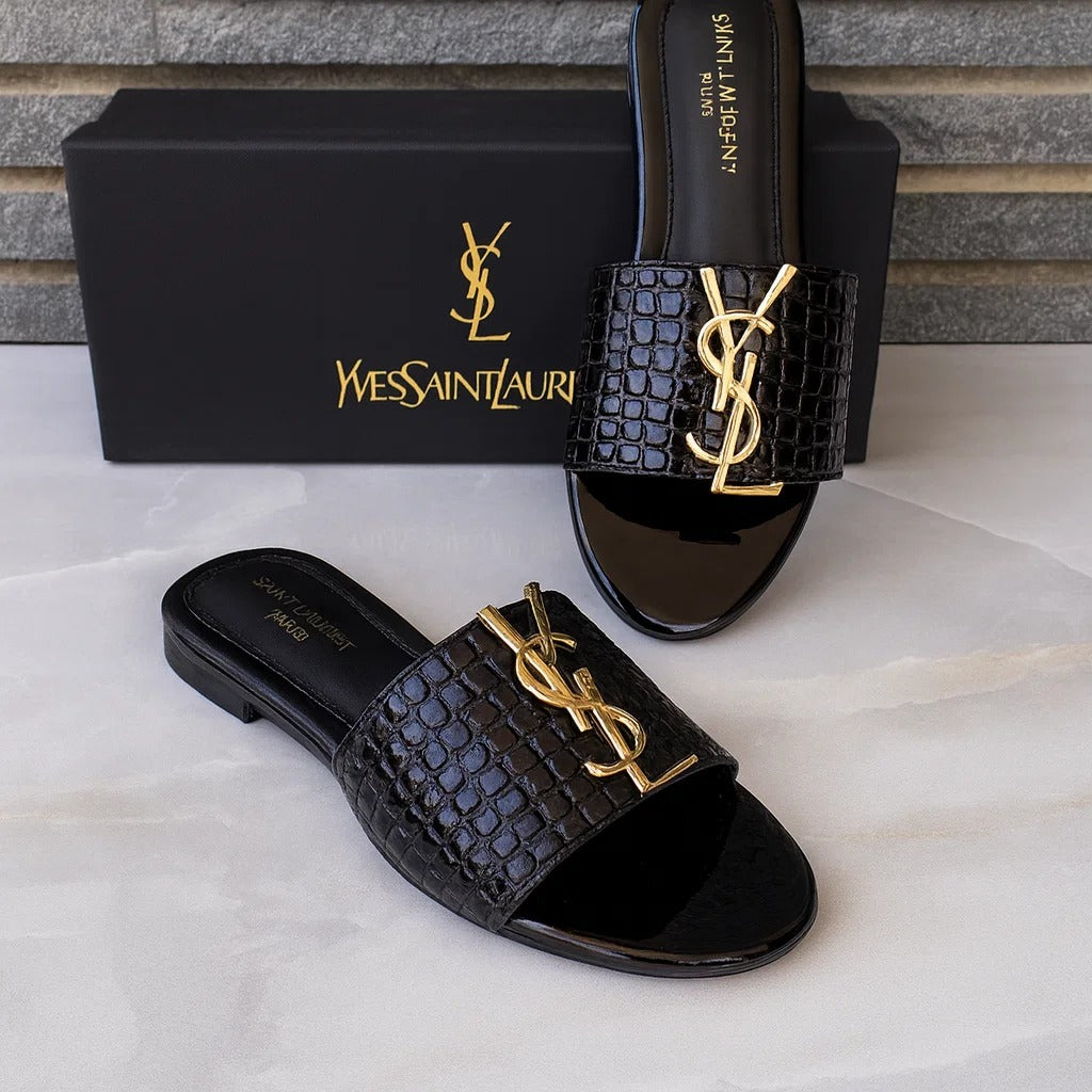 YSL CROCODILE FLAT ( BLACK)