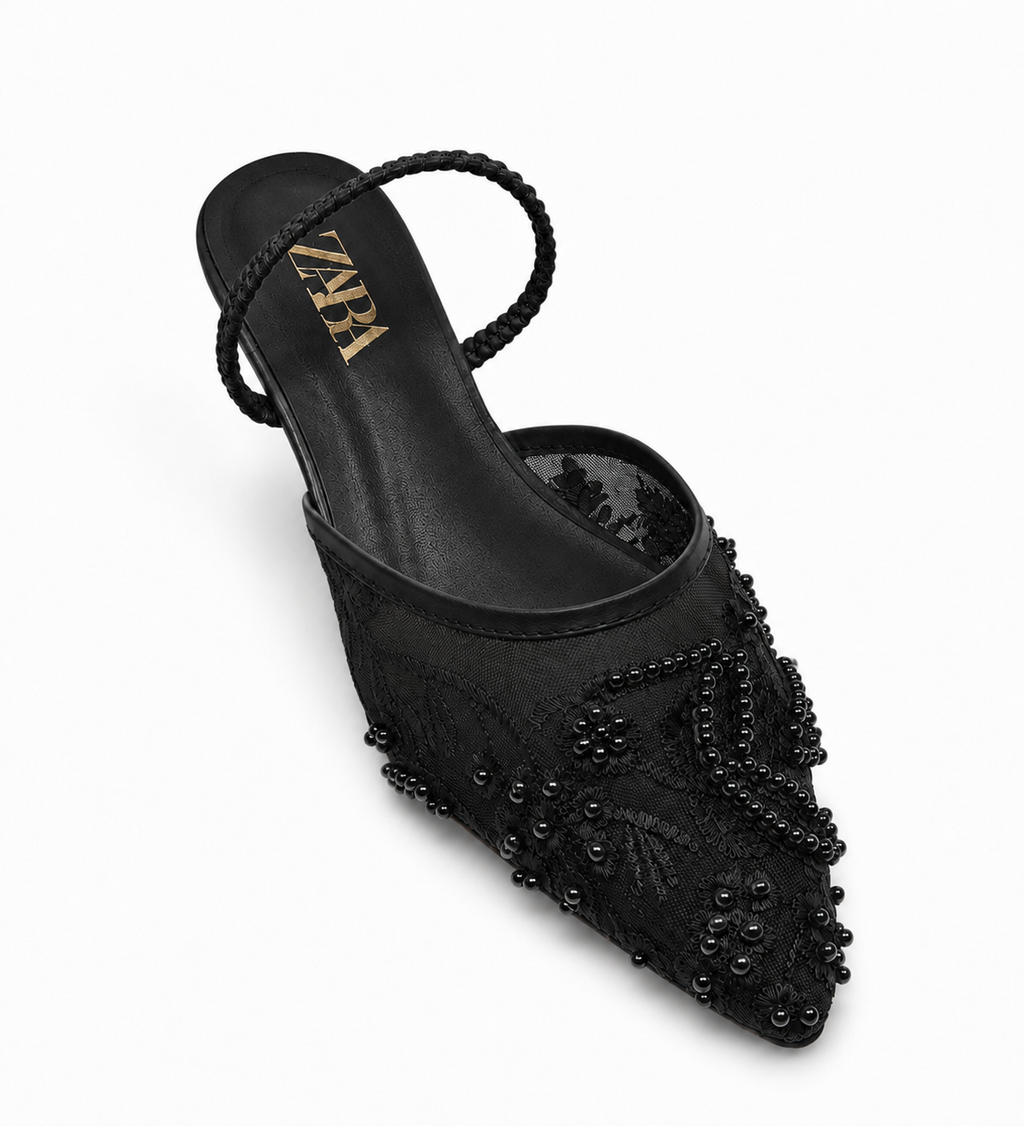 Pearl Embroidered Mule Flats - Black