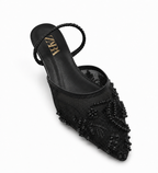 Pearl Embroidered Mule Flats - Black