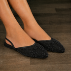 Pearl Embroidered Mule Flats - Black