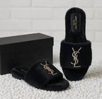 Luxury Faux Fur Logo Slide Slippers – Black