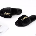 Luxury Faux Fur Logo Slide Slippers – Black