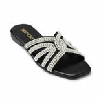 Pearl Embellished Black Flat Slippers Black