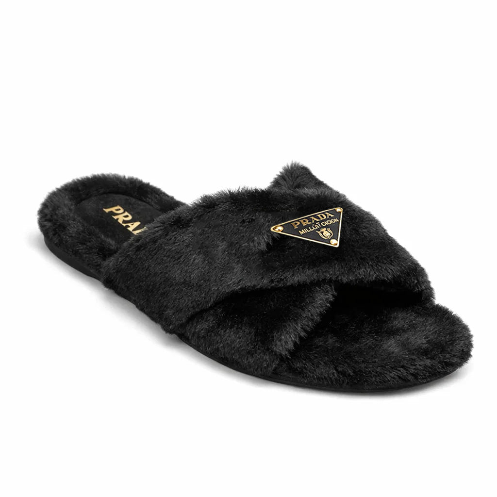 Luxury Faux Fur Cross Strap Slippers – Black