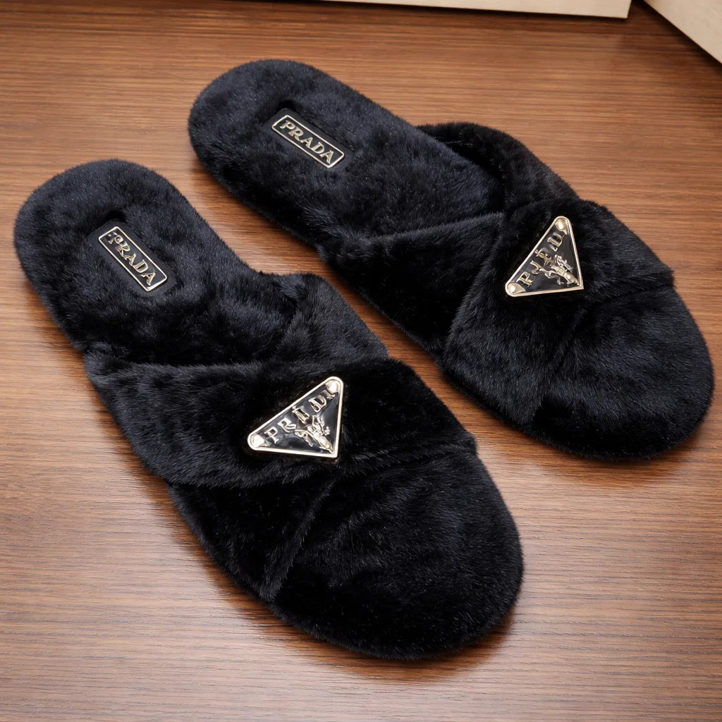 Luxury Faux Fur Cross Strap Slippers – Black